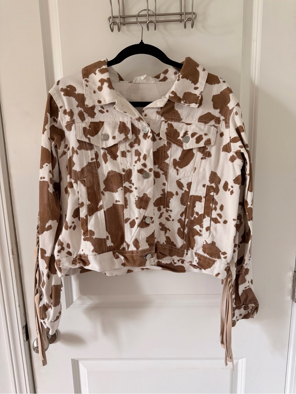 Peach Love California Brown & White Cow-Print Cropped Jean Jacket